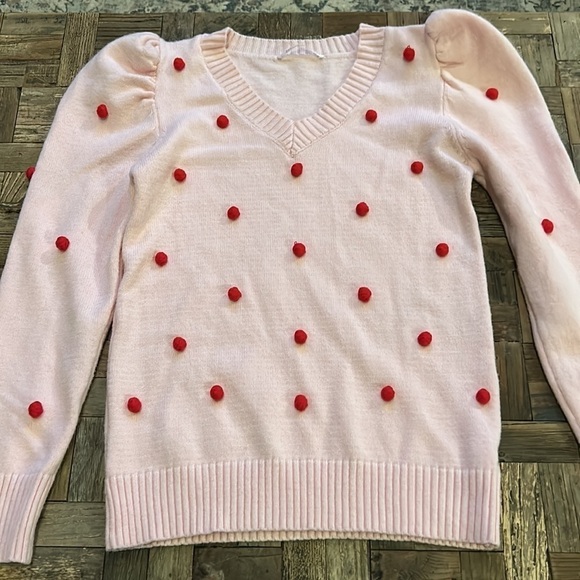 Pink V Neck Sweater With Puff Sleeves and Red Pom Poms - Picture 3 of 11